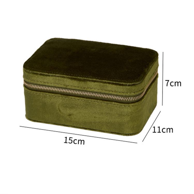Emerald green velvet travel jewelry box, 15cm x 11cm x 7cm, zip-top compact case