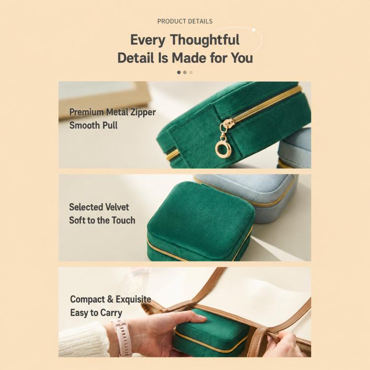 Mini velvet travel jewelry box in green, zipper close-up and compact carry design