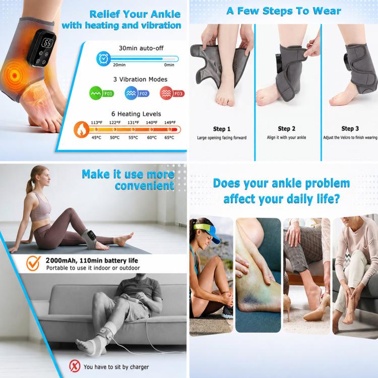 Heated Ankle Brace Support Massager With Vibration 6 Heat Levels 30Min Auto Off