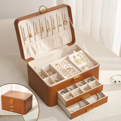 3-Tier Lockable Leather Jewelry Box with 2 Drawers, 8 Necklace Hooks, Stud Plate & Removable Dividers
