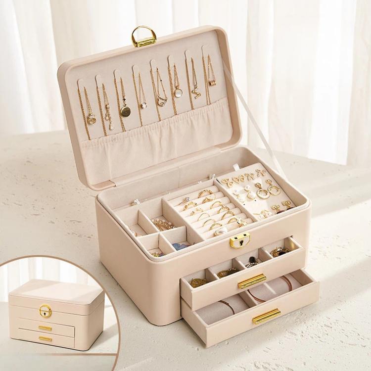 3-Tier Lockable Leather Jewelry Box with 2 Drawers, 8 Necklace Hooks, Stud Plate & Removable Dividers