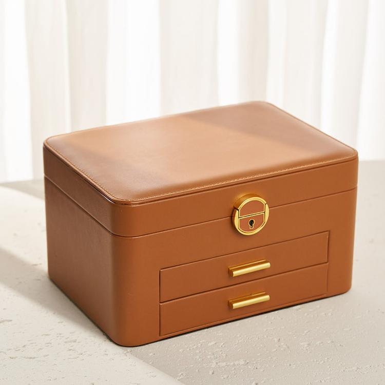 3-Tier Lockable Leather Jewelry Box with 2 Drawers, 8 Necklace Hooks, Stud Plate & Removable Dividers