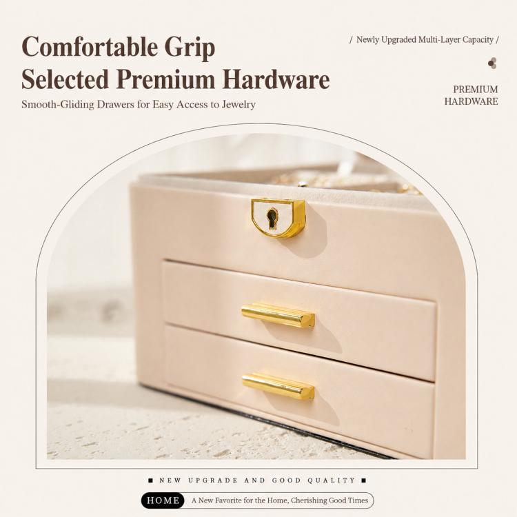 3-Tier Lockable Leather Jewelry Box with 2 Drawers, 8 Necklace Hooks, Stud Plate & Removable Dividers