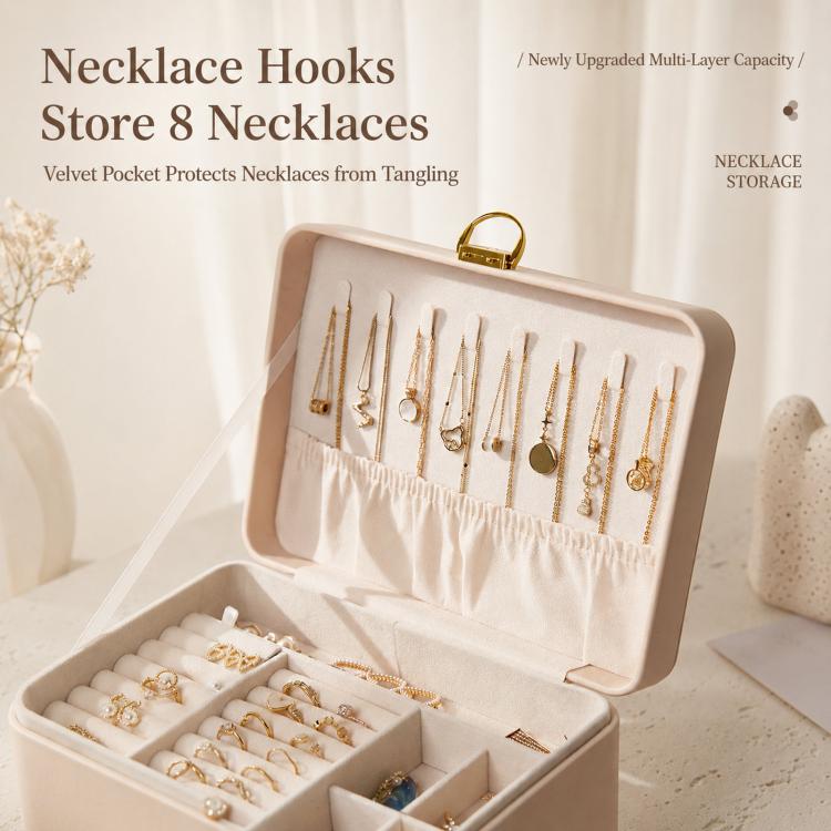 3-Tier Lockable Leather Jewelry Box with 2 Drawers, 8 Necklace Hooks, Stud Plate & Removable Dividers