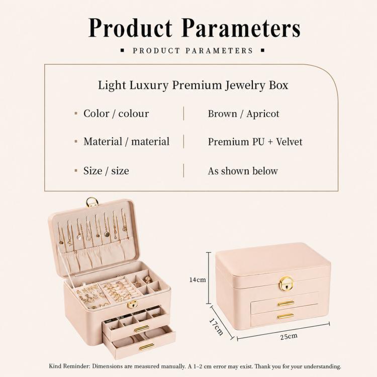 3-Tier Lockable Leather Jewelry Box with 2 Drawers, 8 Necklace Hooks, Stud Plate & Removable Dividers
