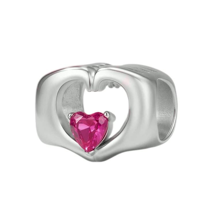 Sterling silver heart-shaped bead charm with pink crystal in a heart cutout