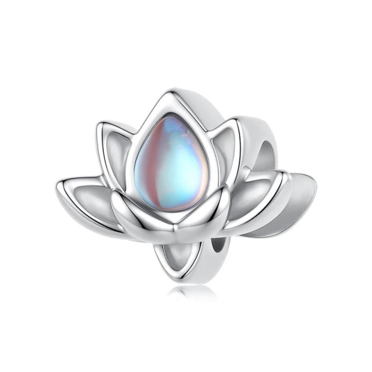 Sterling silver lotus flower bead charm with iridescent teardrop center crystal