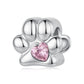 Sterling silver paw-print bead charm with pink crystal heart center