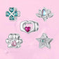 Crystal charm set: turquoise clover, pink heart, lotus, star, and paw bead charms