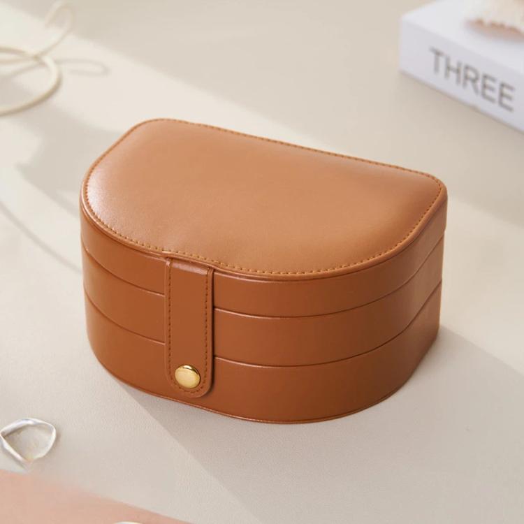 Brown shell-shaped 3-tier jewelry box with flip-top lid and gold-tone clasp