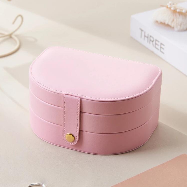 Pink shell-shaped 3-tier jewelry box with flip-top lid and gold-tone clasp