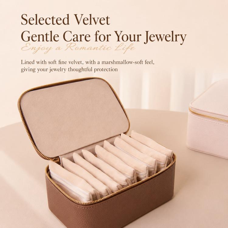 Brown PU jewelry organizer case open with soft beige lining and 12 clear zip pouches
