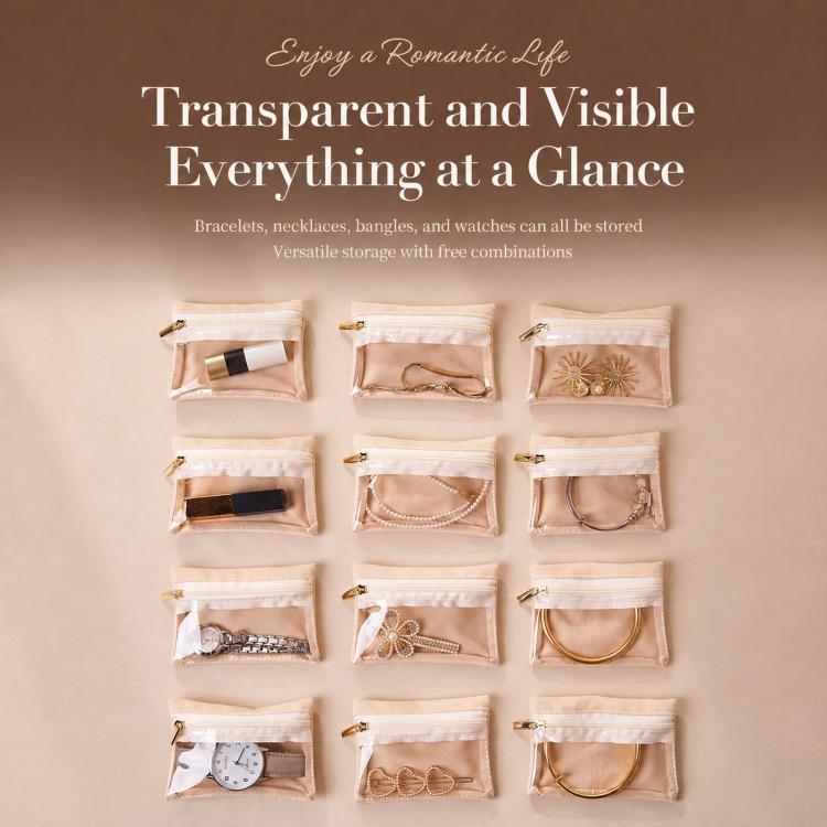 Set of 12 clear zip jewelry pouches with gold zipper and assorted jewelry contents