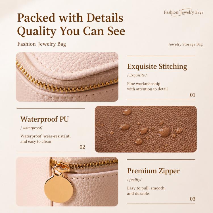 Close-up of PU jewelry bag with gold zipper track and textured surface