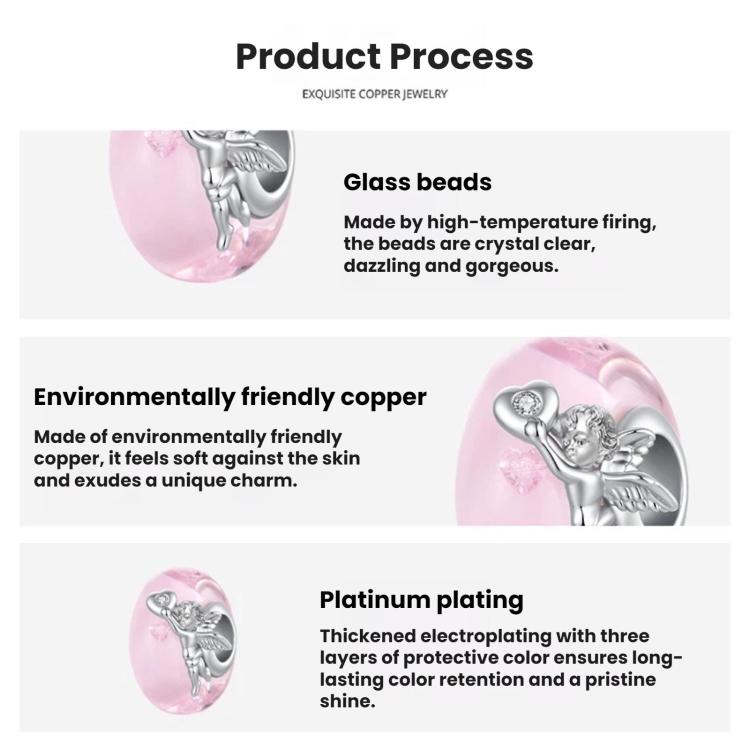 Product process graphic featuring a pink glass bead with silver angel charm