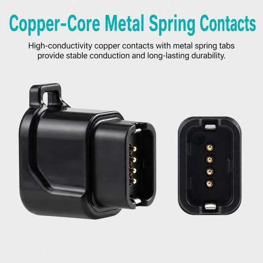 Black charging adapter showing spring contacts inside the multi-pin connector
