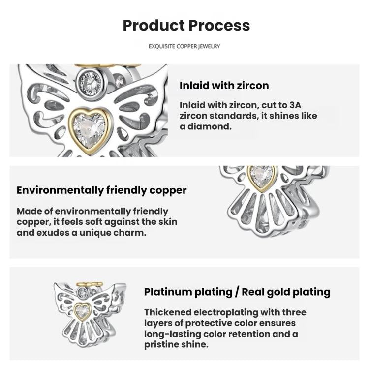 Silver angel charm bead with heart crystal and gold accent ring, plated finish