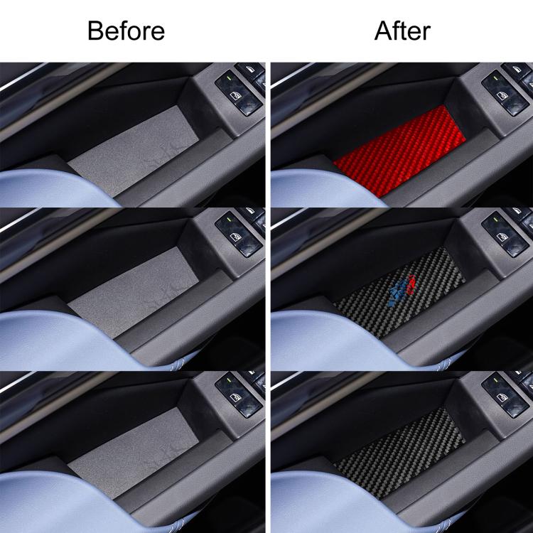 BMW door storage area with installed red and carbon-fiber slot decorative stickers