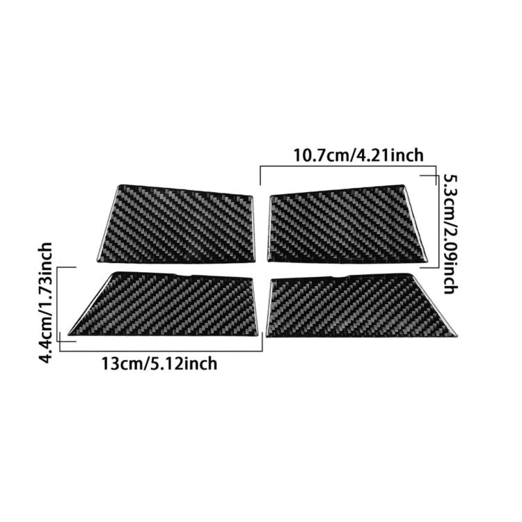 BMW door storage slot decorative sticker set with size measurements, four carbon-fiber pieces
