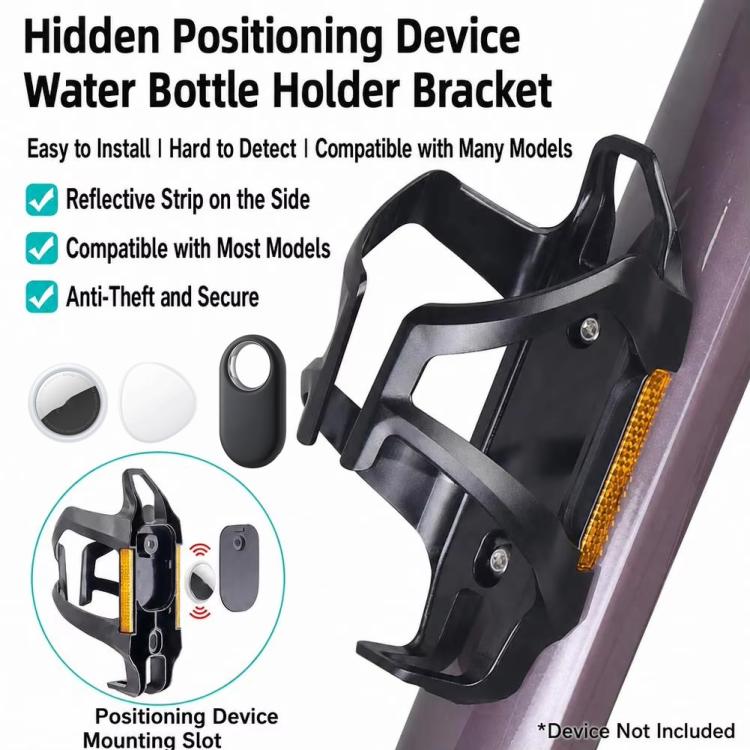 Black bike water bottle cage with hidden tracker slot, anti-theft screws, and side reflective strip