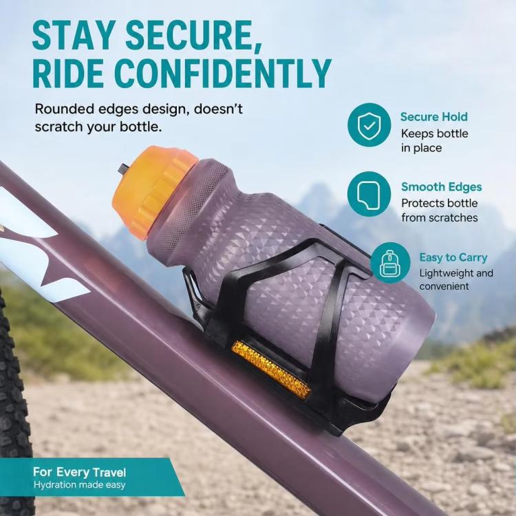 Bike water bottle cage on bike frame with yellow reflective strip and smooth edges