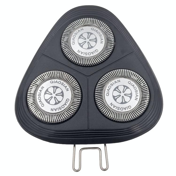 Tri-blade electric shaver head assembly with three circular cutters and metal lift tabs