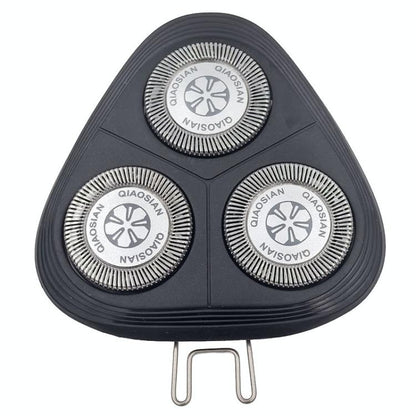 Tri-blade electric shaver head assembly with three circular cutters and metal lift tabs