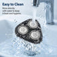 Tri-blade shaver head assembly with water spray for easy rinsing and cleaning