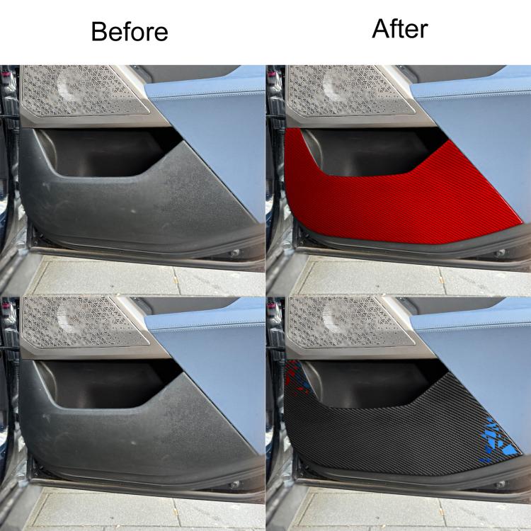 Rear door anti-kick stickers on car door panel, red and carbon-black protective covers