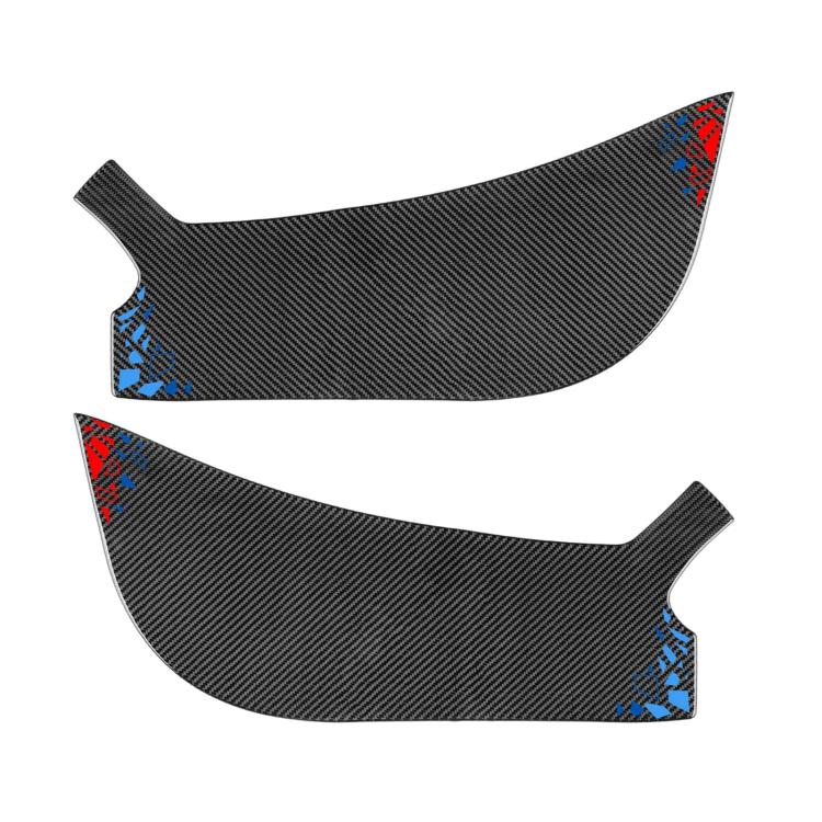 Carbon fiber-look front door anti-kick sticker set with blue-red corner alignment marks