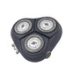 Replacement shaver head assembly, three circular silver foils on a black housing.