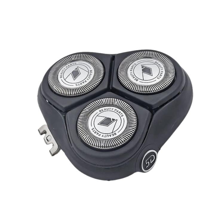 Tri-rotor replacement shaver head assembly with three silver foil cutters, black body.