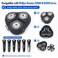 Tri-rotor replacement shaver head assembly with three silver foils, black casing.