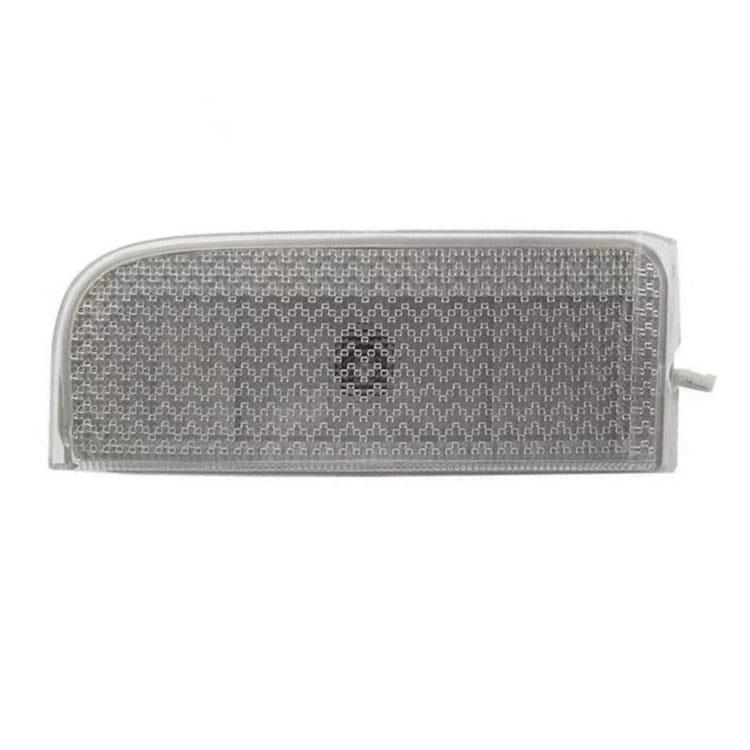 Rear license plate brake light lens with clear textured surface and gray frame
