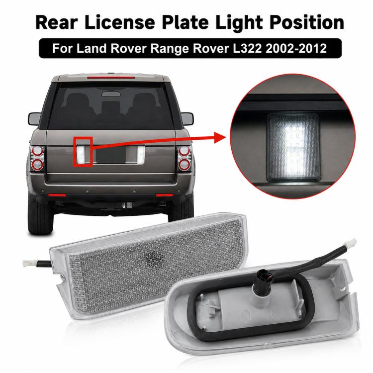 Rear license plate light assembly with clear lens, shown near vehicle mounting area