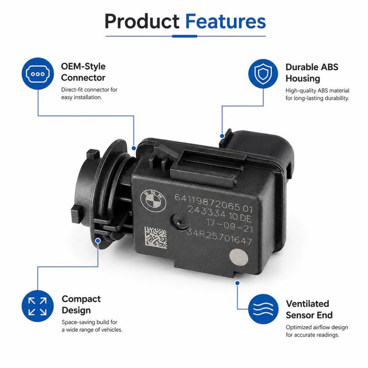Black air quality sensor with vented housing and electrical connector
