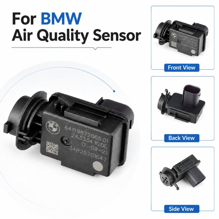 Black BMW air quality sensor with angled housing and connector