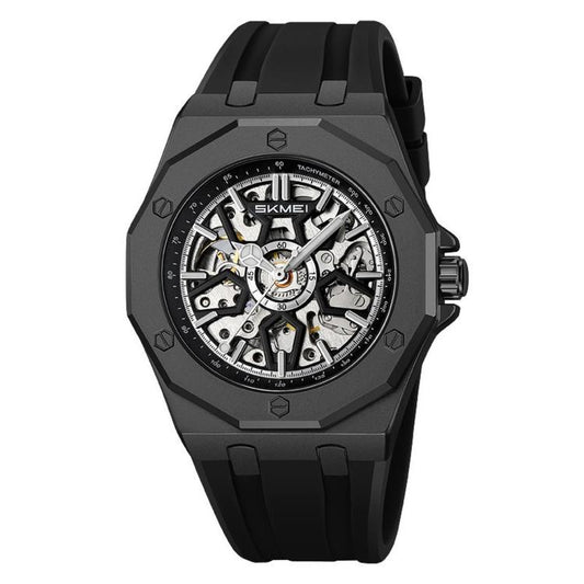 Men's skeleton automatic watch, black case with black silicone strap, skeleton dial