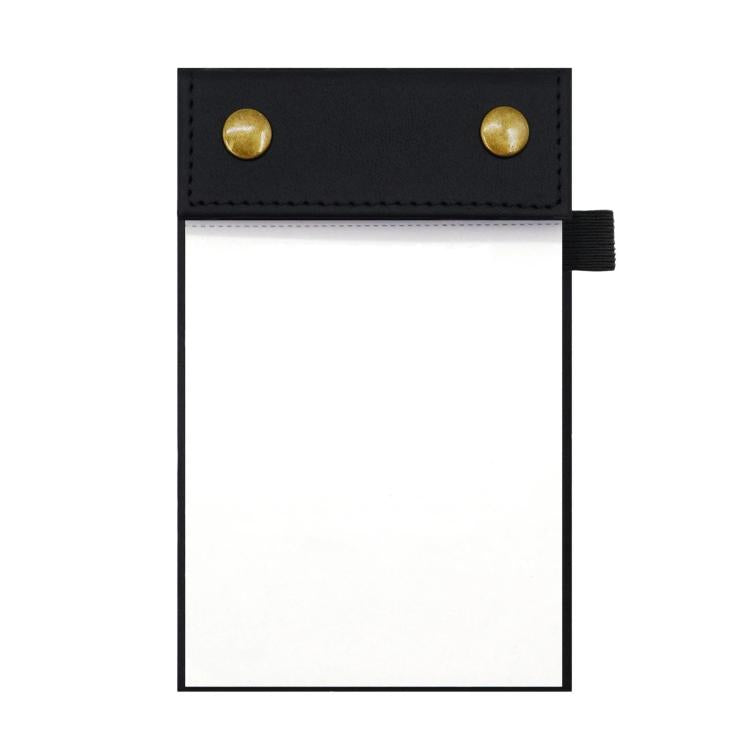 A6 tear-off notepad journal with black leather cover and blank pages, snap buttons
