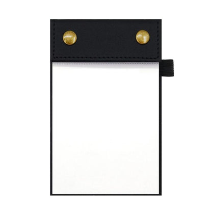 A6 tear-off notepad journal with black leather cover and blank pages, snap buttons