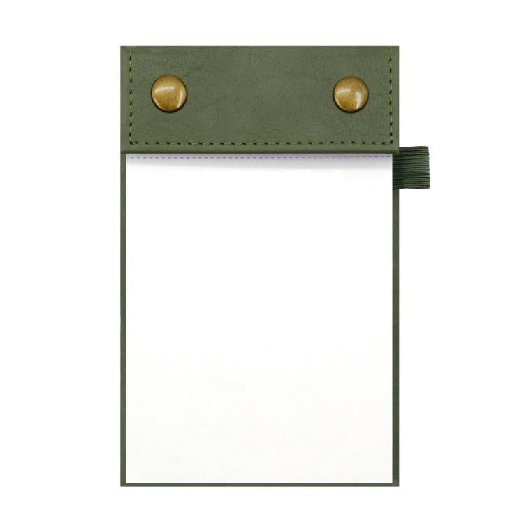 A6 tear-off notepad journal with green leather cover and blank pages, snap buttons