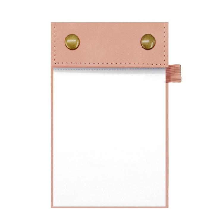 A6 tear-off notepad journal with pink leather cover and blank pages, snap buttons