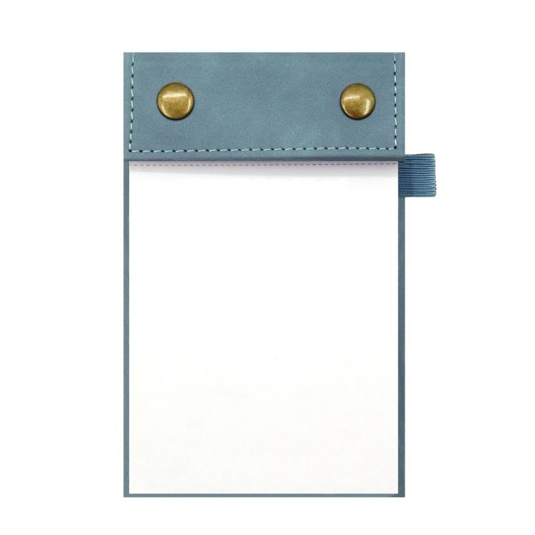 A6 tear-off notepad journal with blue leather cover and blank pages, snap buttons