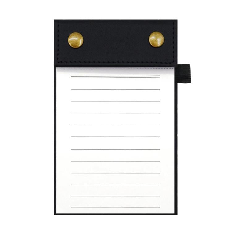 A6 tear-off notepad journal with black leather cover and horizontal ruled pages, snap buttons