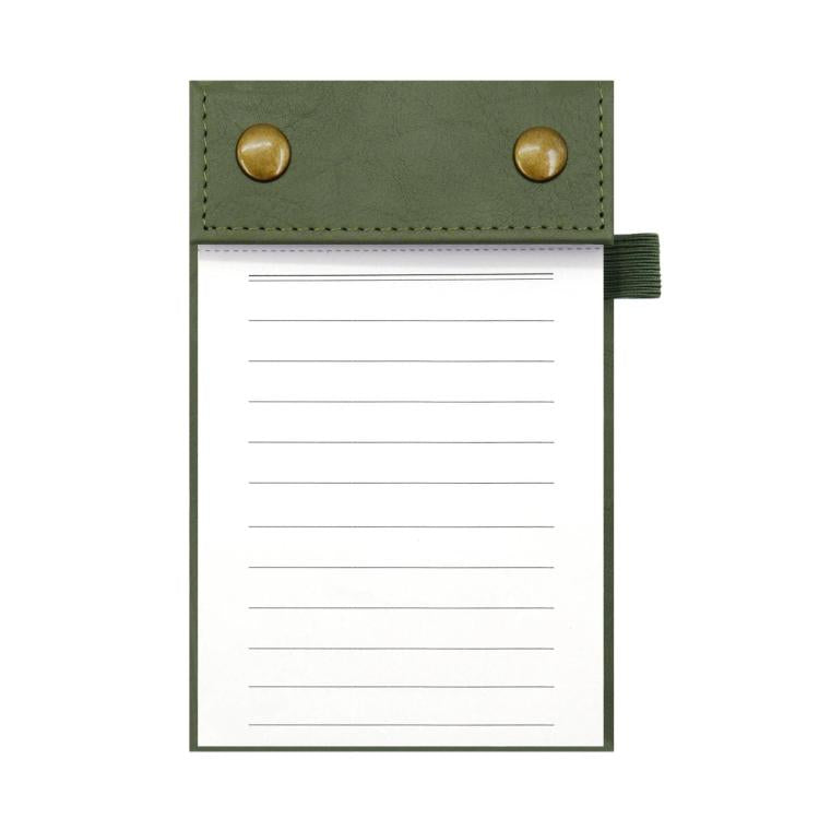 A6 tear-off notepad journal with green leather cover and horizontal ruled pages, snap buttons