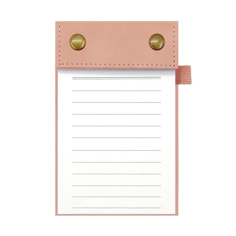 A6 tear-off notepad journal with pink leather cover and horizontal ruled pages, snap buttons