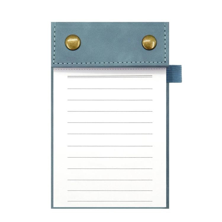 A6 tear-off notepad journal with blue leather cover and horizontal ruled pages, snap buttons