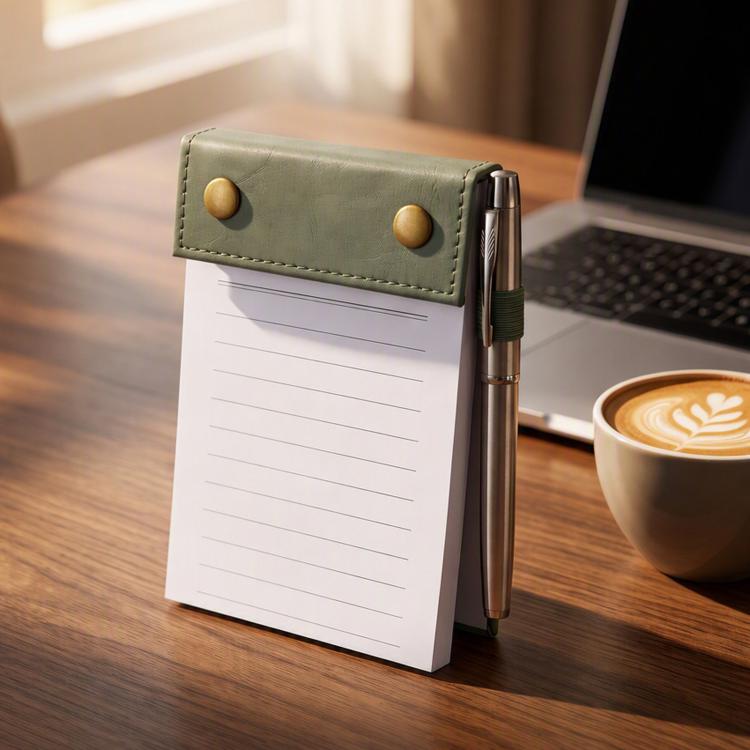 A6 tear-off notepad journal with green leather cover, ruled pages, and pen holder