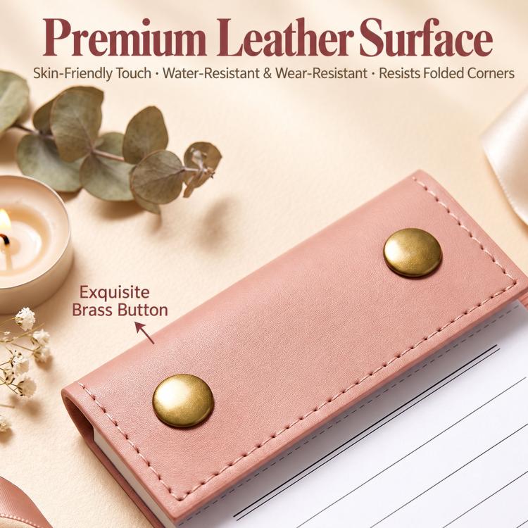 A6 tear-off notepad journal with pink leather cover, gold snap buttons, lined pages