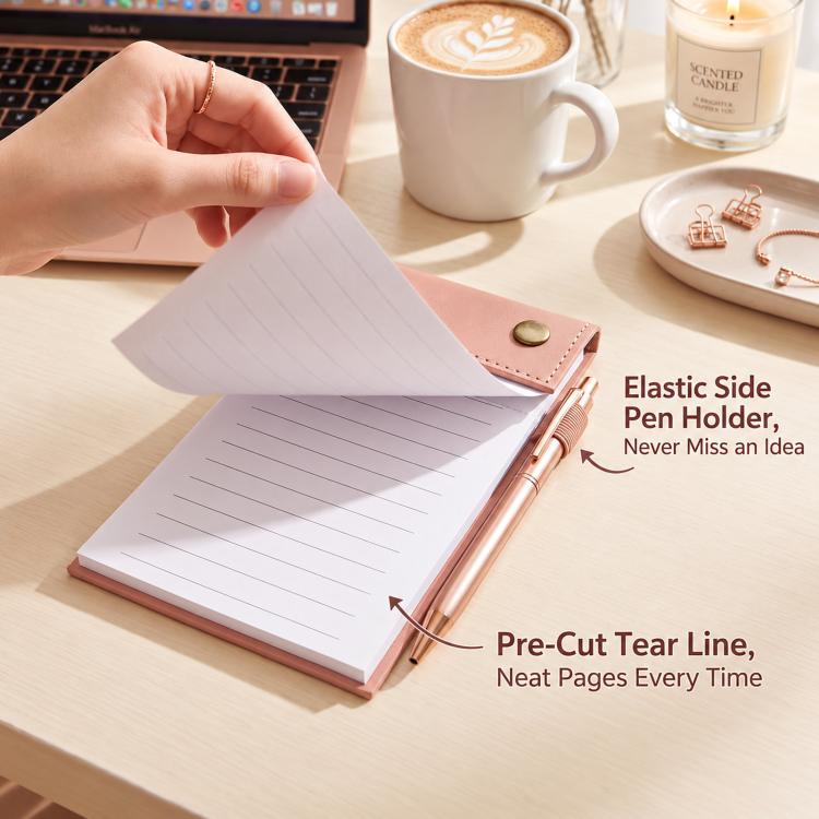 A6 tear-off notepad journal with pink leather cover, elastic pen holder, lined pages